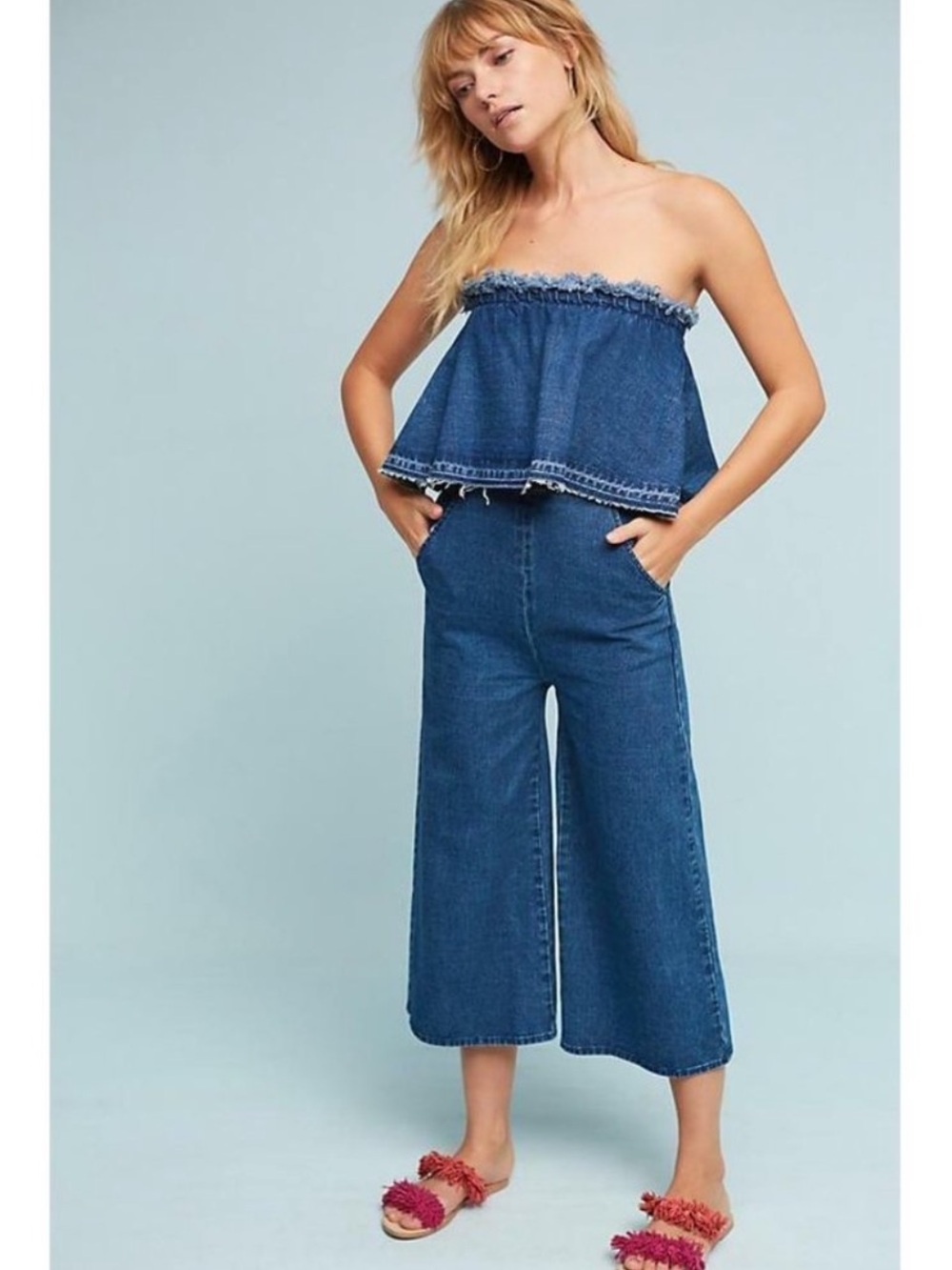 JOA Los Angeles Anthropologie Womens Denim Strapless Wide Leg Crop Jumpsuit